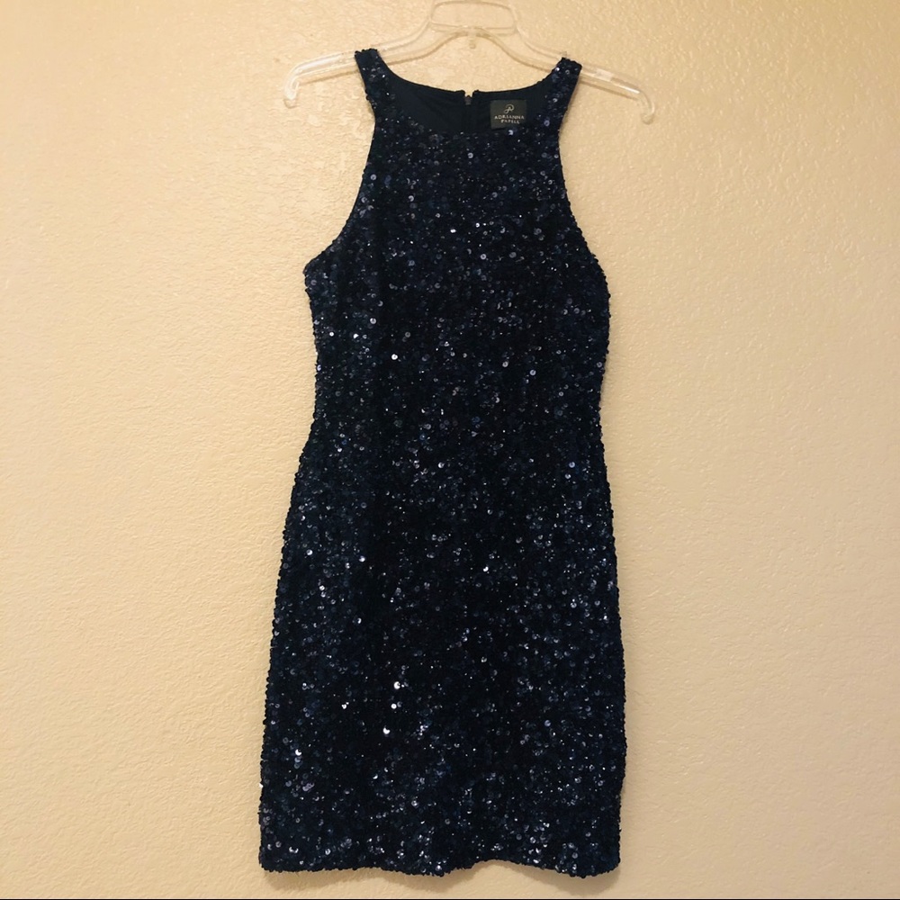 Adrianna Papell Navy Blue Halter Sequins Dress